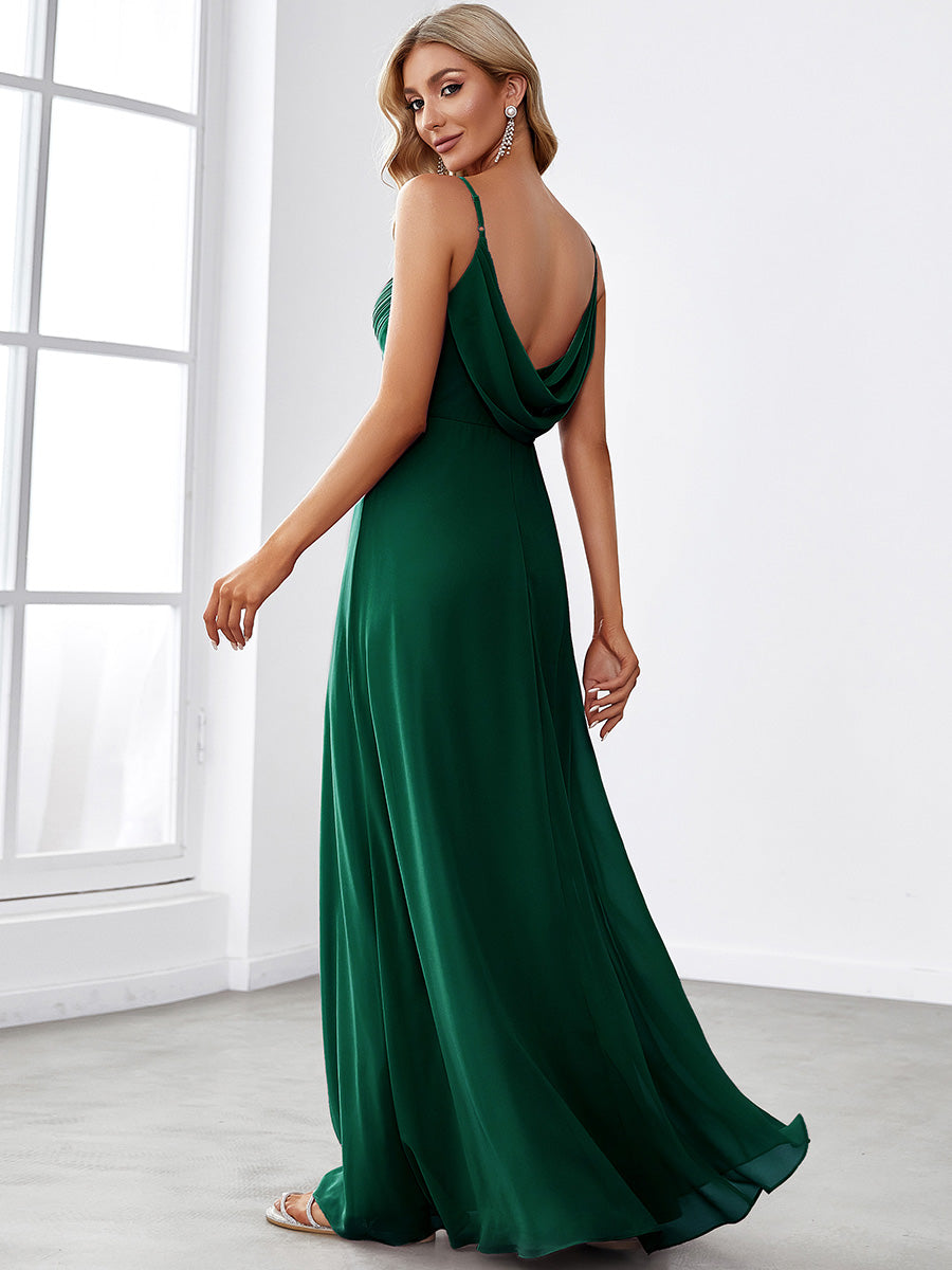Bodenlanger V-Ausschnitt A-Linie Chiffon Kleid Plissiert Rückenfrei Eleganz Kleid #Farbe_Dunkelgrün