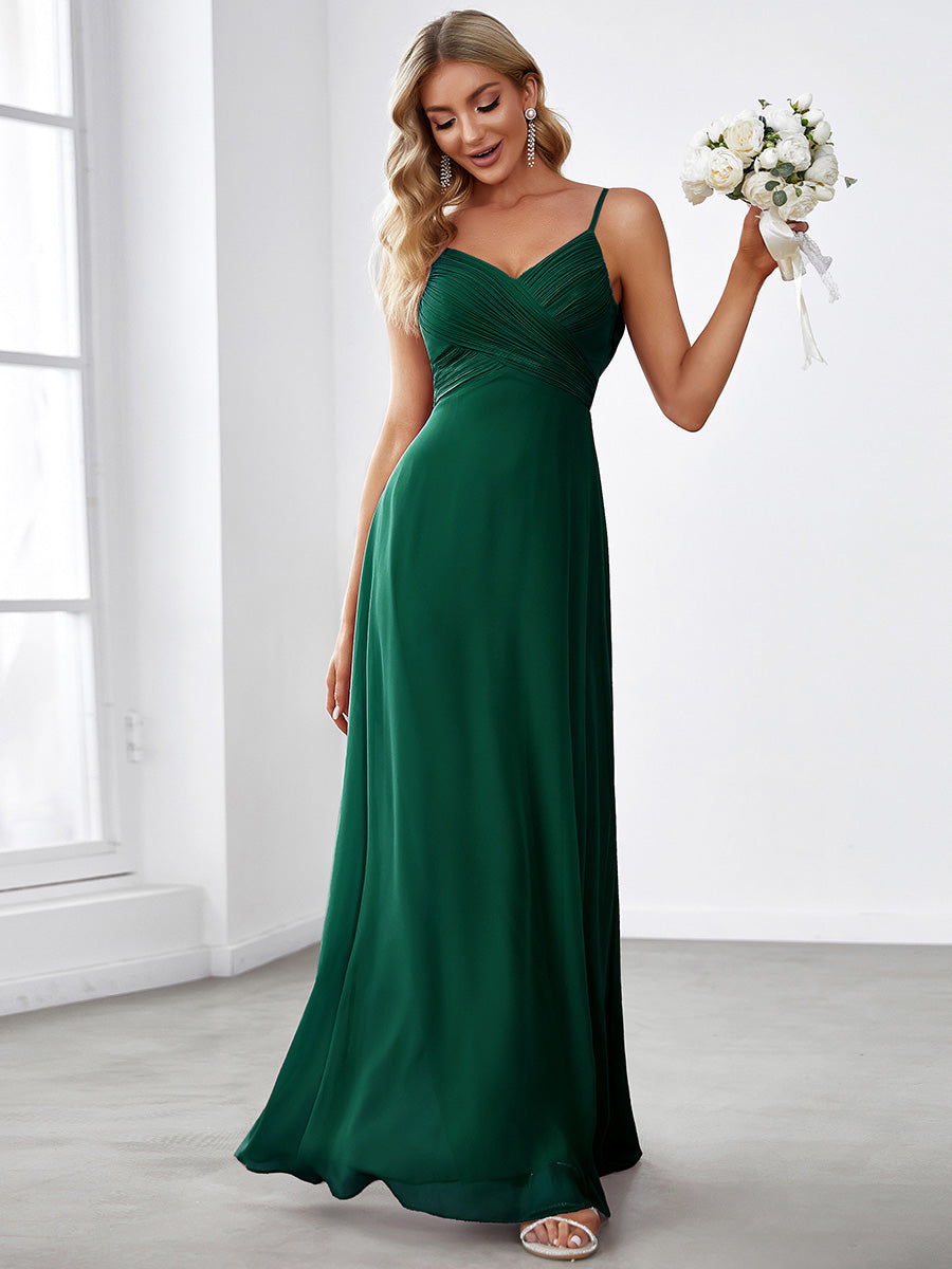 Bodenlanger V-Ausschnitt A-Linie Chiffon Kleid Plissiert Rückenfrei Eleganz Kleid #Farbe_Dunkelgrün