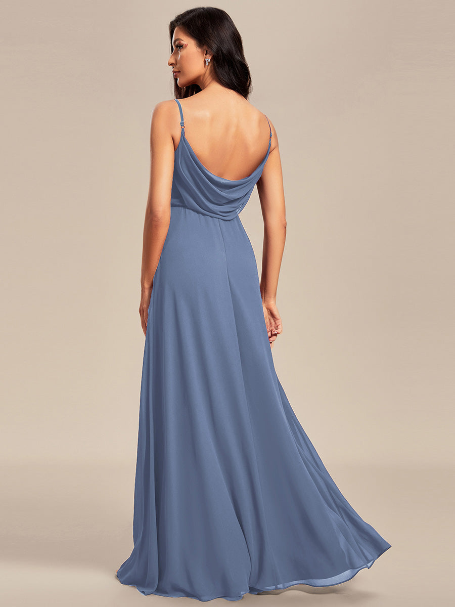 Bodenlanger V-Ausschnitt A-Linie Chiffon Kleid Plissiert Rückenfrei Eleganz Kleid #Farbe_Taubenblau