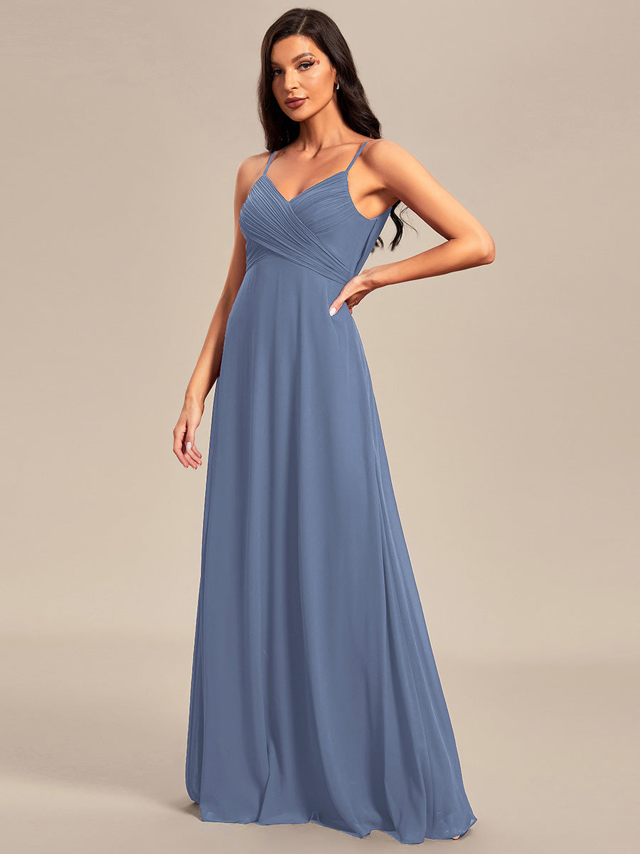 Bodenlanger V-Ausschnitt A-Linie Chiffon Kleid Plissiert Rückenfrei Eleganz Kleid #Farbe_Taubenblau