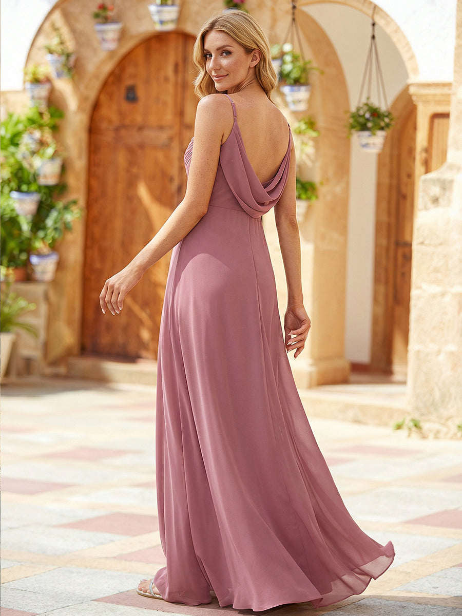 Bodenlanger V-Ausschnitt A-Linie Chiffon Kleid Plissiert Rückenfrei Eleganz Kleid #Farbe_Altrosa