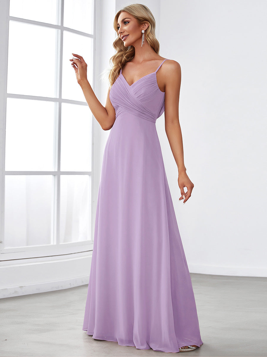 Bodenlanger V-Ausschnitt A-Linie Chiffon Kleid Plissiert Rückenfrei Eleganz Kleid #Farbe_Mattflieder