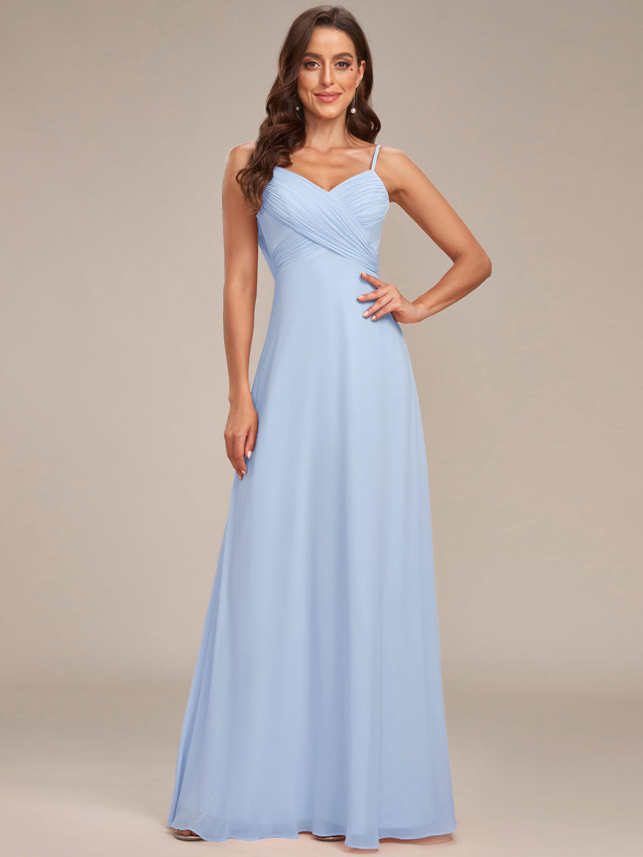 Bodenlanger V-Ausschnitt A-Linie Chiffon Kleid Plissiert Rückenfrei Eleganz Kleid #Farbe_Eisblau