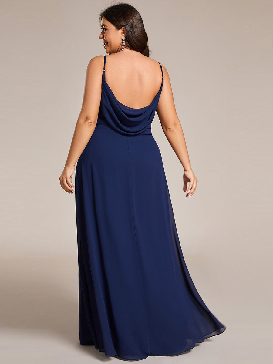 Bodenlanger V-Ausschnitt A-Linie Chiffon Kleid Plissiert Rückenfrei Eleganz Kleid #Farbe_Marineblau