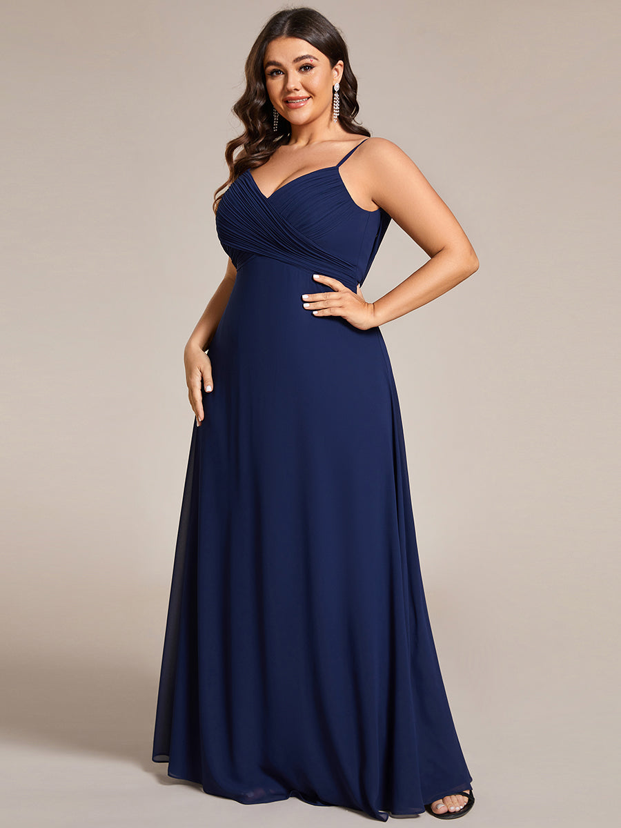 Bodenlanger V-Ausschnitt A-Linie Chiffon Kleid Plissiert Rückenfrei Eleganz Kleid #Farbe_Marineblau