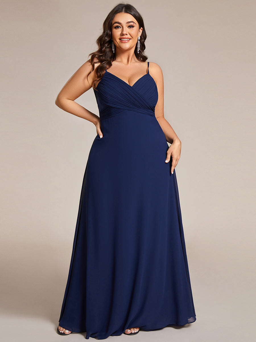 Bodenlanger V-Ausschnitt A-Linie Chiffon Kleid Plissiert Rückenfrei Eleganz Kleid #Farbe_Marineblau