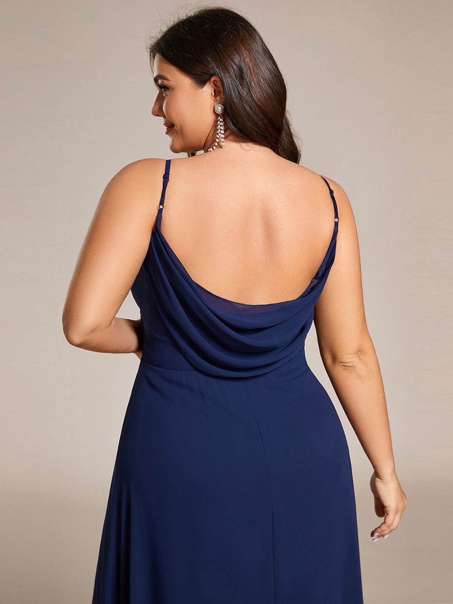 Bodenlanger V-Ausschnitt A-Linie Chiffon Kleid Plissiert Rückenfrei Eleganz Kleid #Farbe_Marineblau