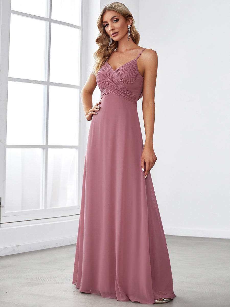 Brautjungfernkleid mit V-Ausschnitt schmalen Trägern und bodenlangem Rock #Farbe_Orchideenviolett