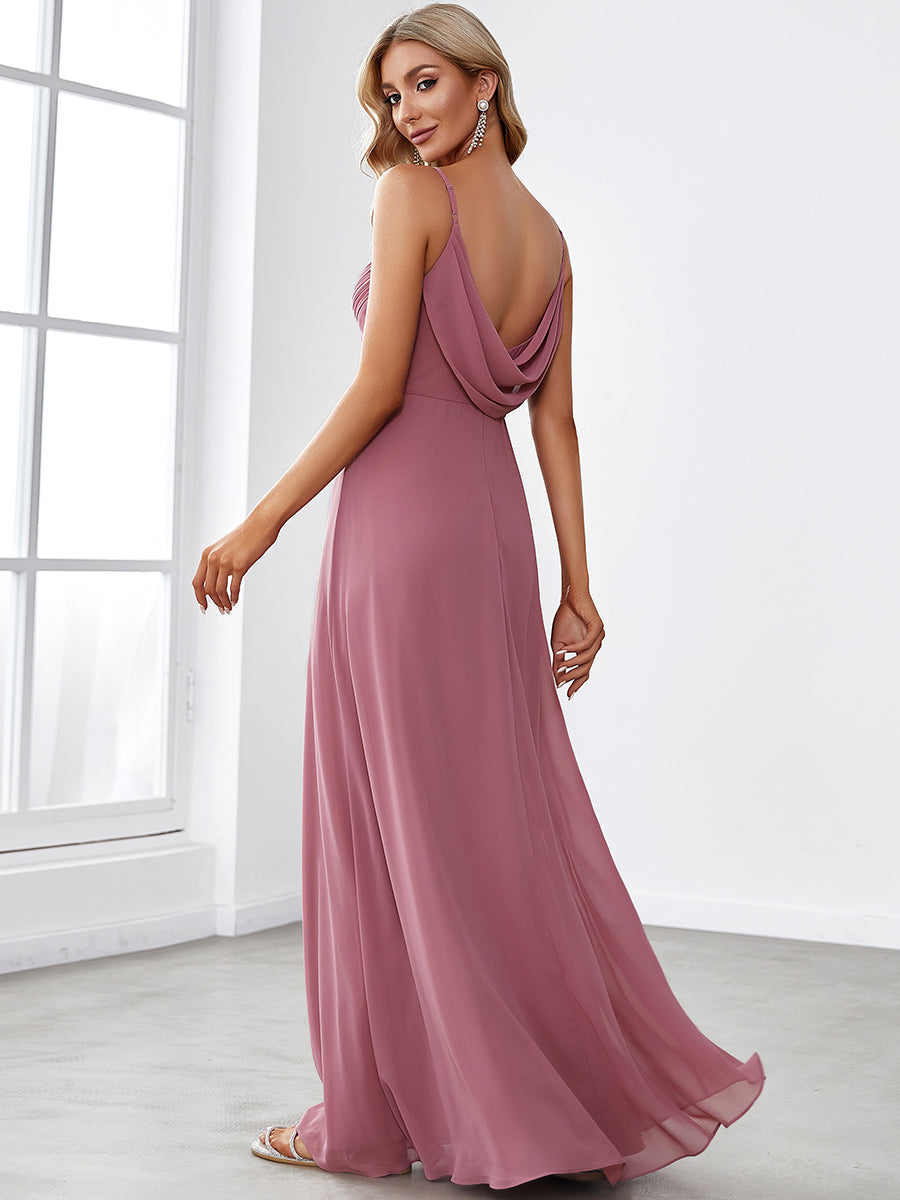 Bodenlanger V-Ausschnitt A-Linie Chiffon Kleid Plissiert Rückenfrei Eleganz Kleid #Farbe_Orchideenviolett
