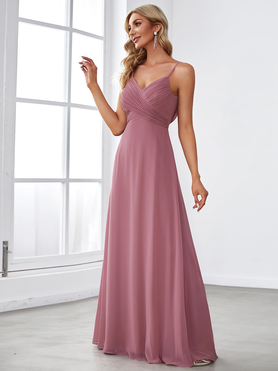 Bodenlanger V-Ausschnitt A-Linie Chiffon Kleid Plissiert Rückenfrei Eleganz Kleid #Farbe_Orchideenviolett