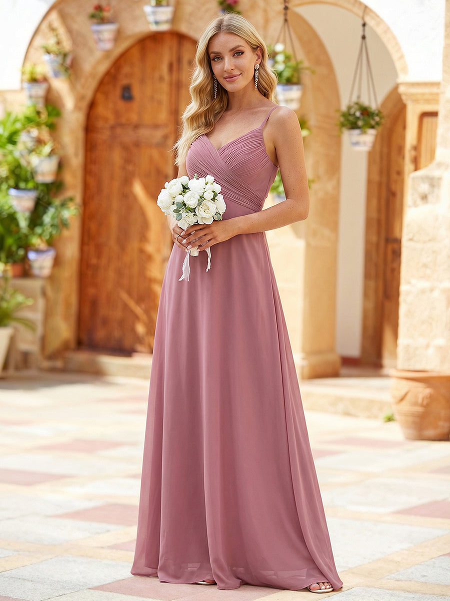 Brautjungfernkleid mit V-Ausschnitt schmalen Trägern und bodenlangem Rock #Farbe_Orchideenviolett