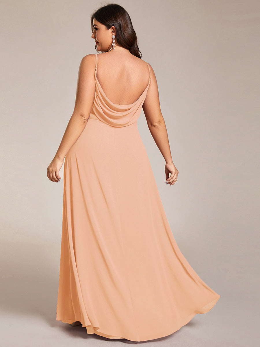 Bodenlanger V-Ausschnitt A-Linie Chiffon Kleid Plissiert Rückenfrei Eleganz Kleid #Farbe_Pfirsich