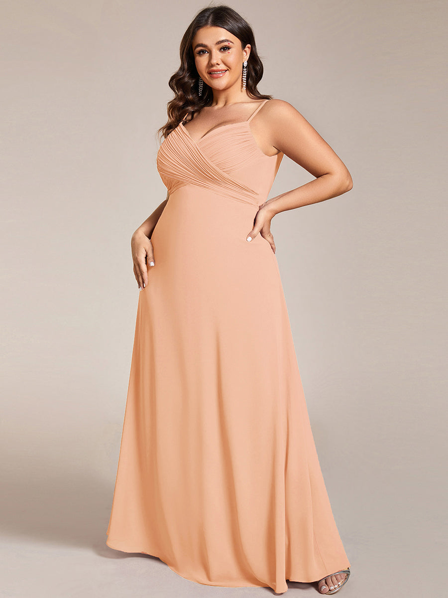 Bodenlanger V-Ausschnitt A-Linie Chiffon Kleid Plissiert Rückenfrei Eleganz Kleid #Farbe_Pfirsich