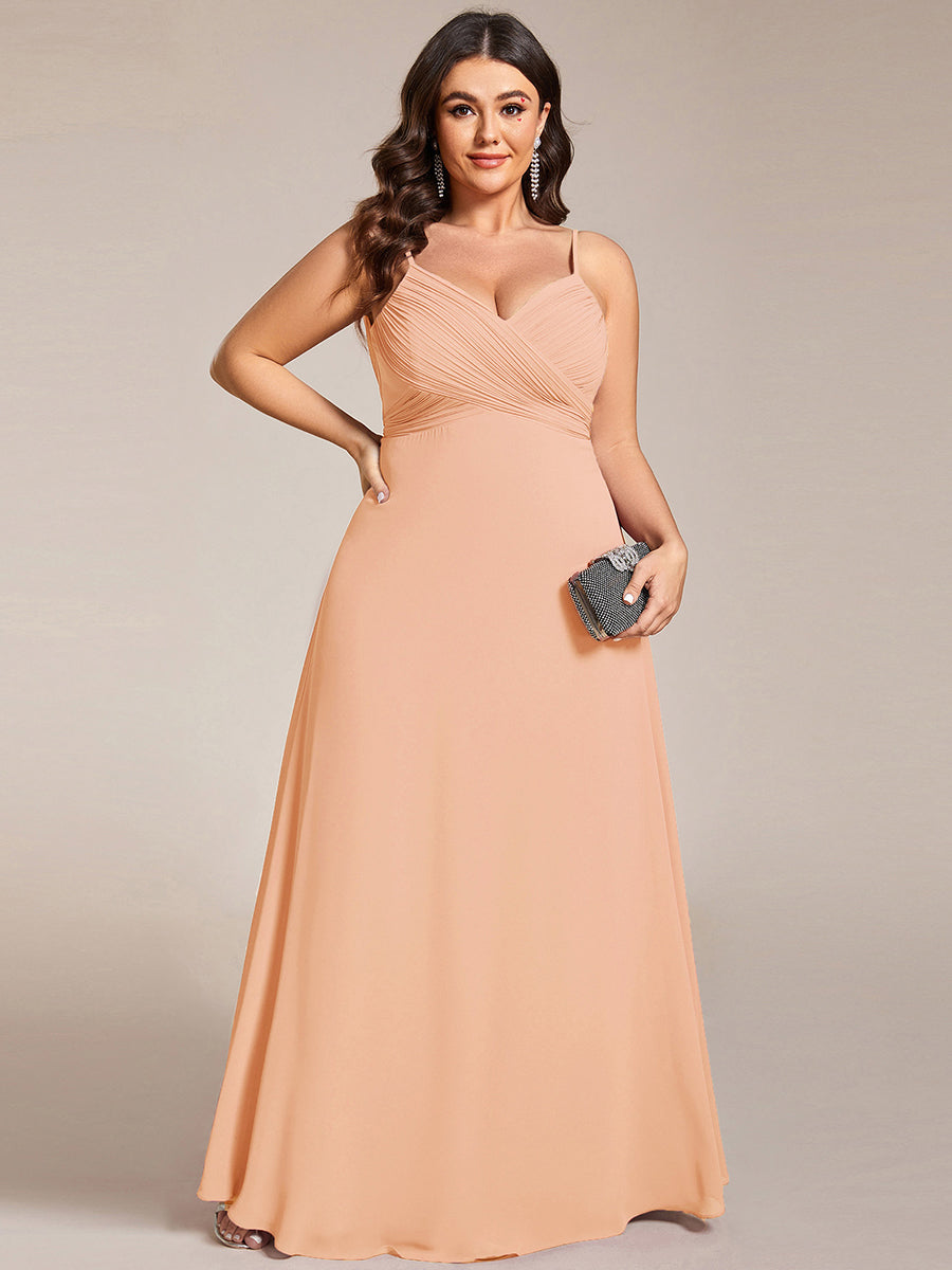 Bodenlanger V-Ausschnitt A-Linie Chiffon Kleid Plissiert Rückenfrei Eleganz Kleid #Farbe_Pfirsich