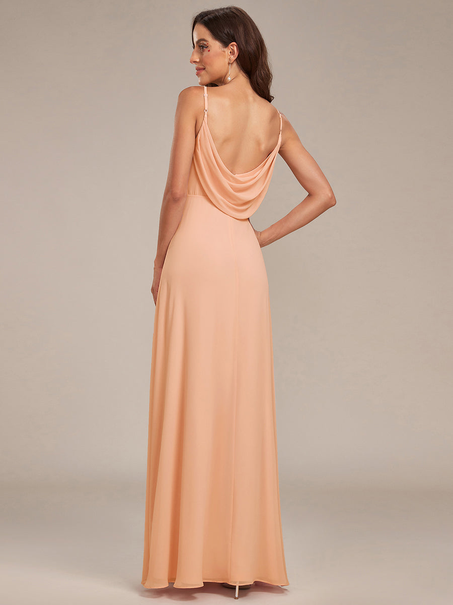 Bodenlanger V-Ausschnitt A-Linie Chiffon Kleid Plissiert Rückenfrei Eleganz Kleid #Farbe_Pfirsich