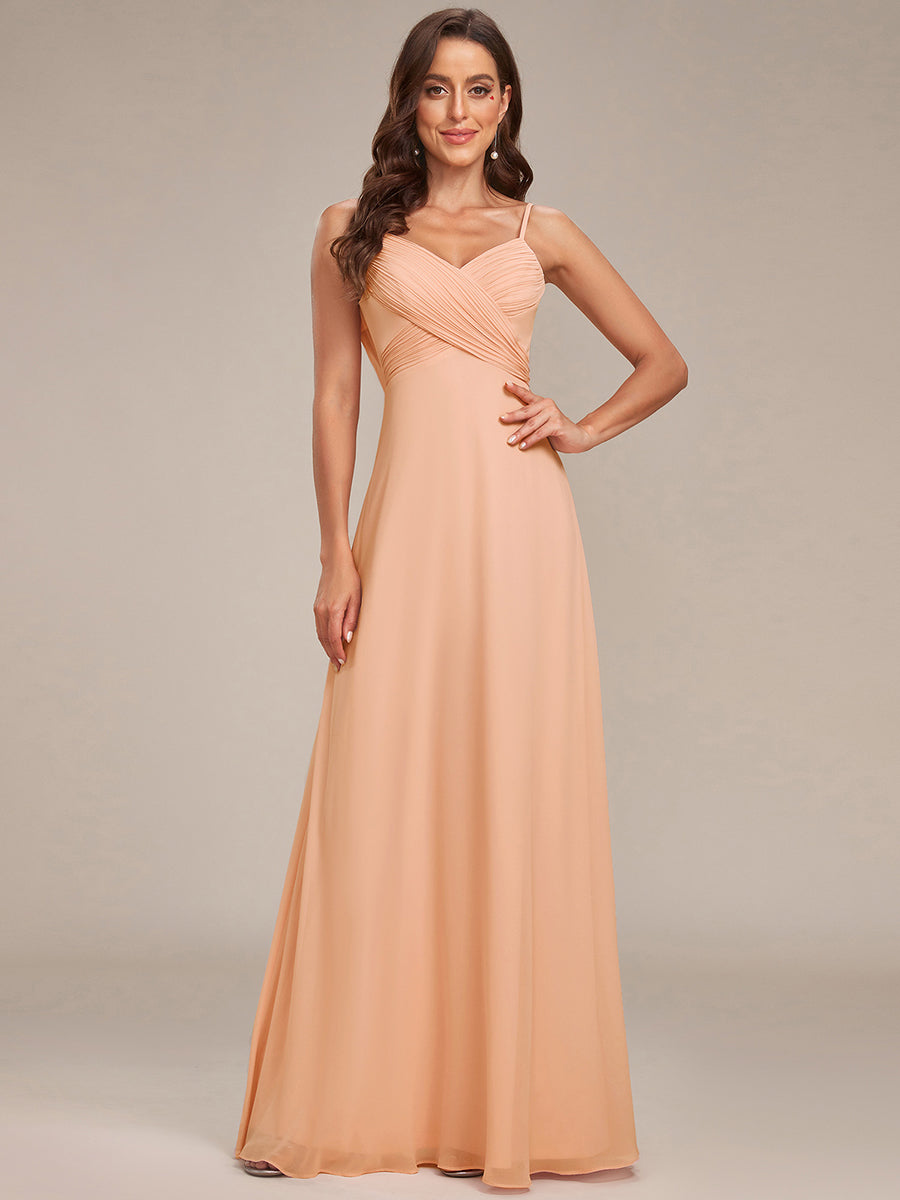 Bodenlanger V-Ausschnitt A-Linie Chiffon Kleid Plissiert Rückenfrei Eleganz Kleid #Farbe_Pfirsich
