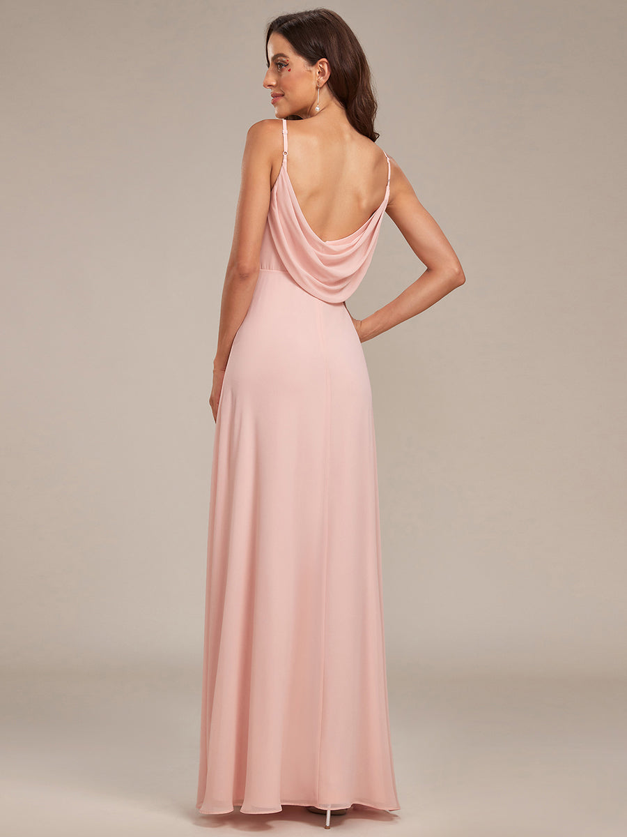 Bodenlanger V-Ausschnitt A-Linie Chiffon Kleid Plissiert Rückenfrei Eleganz Kleid #Farbe_Rosa