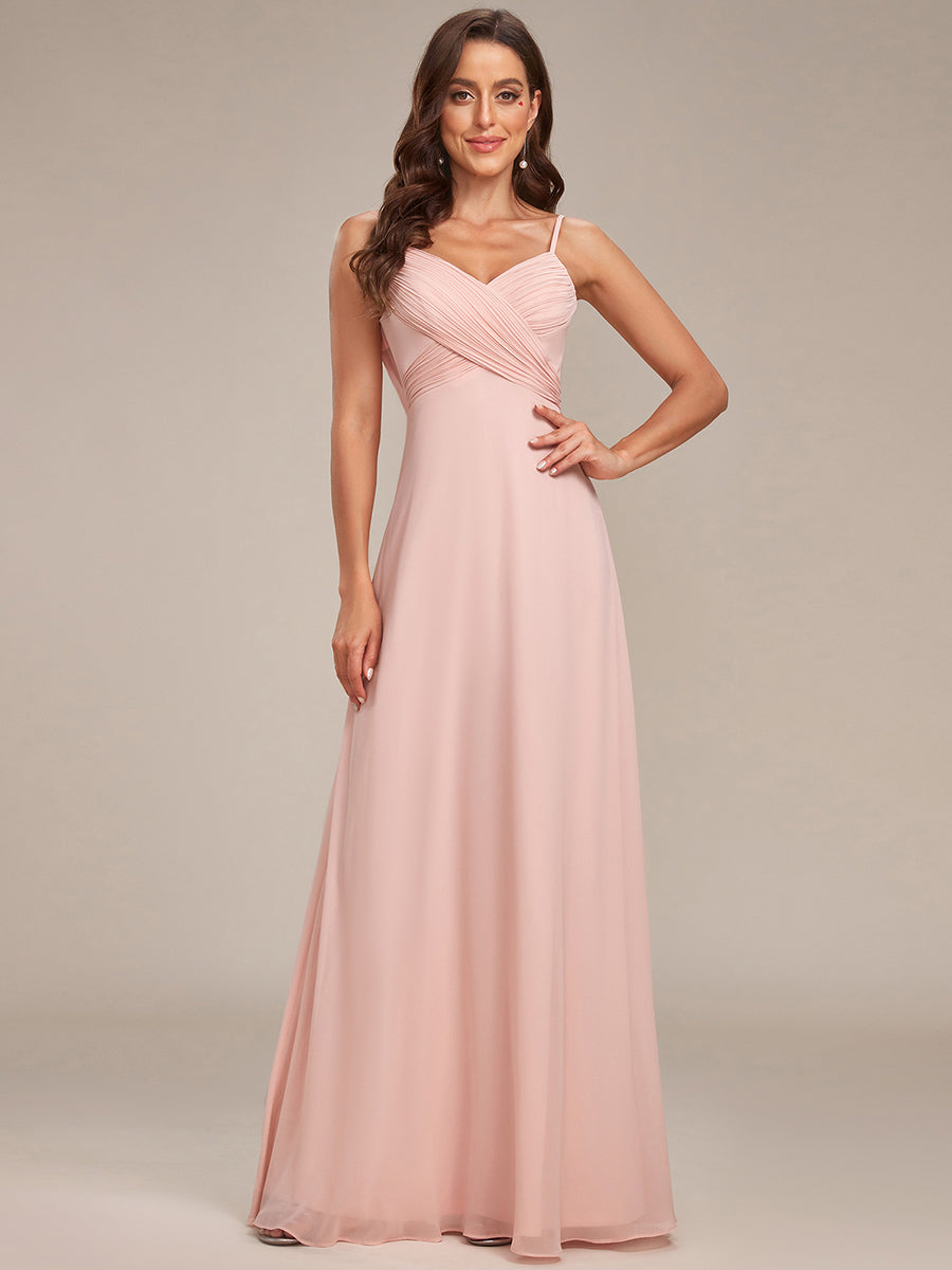 Bodenlanger V-Ausschnitt A-Linie Chiffon Kleid Plissiert Rückenfrei Eleganz Kleid #Farbe_Rosa