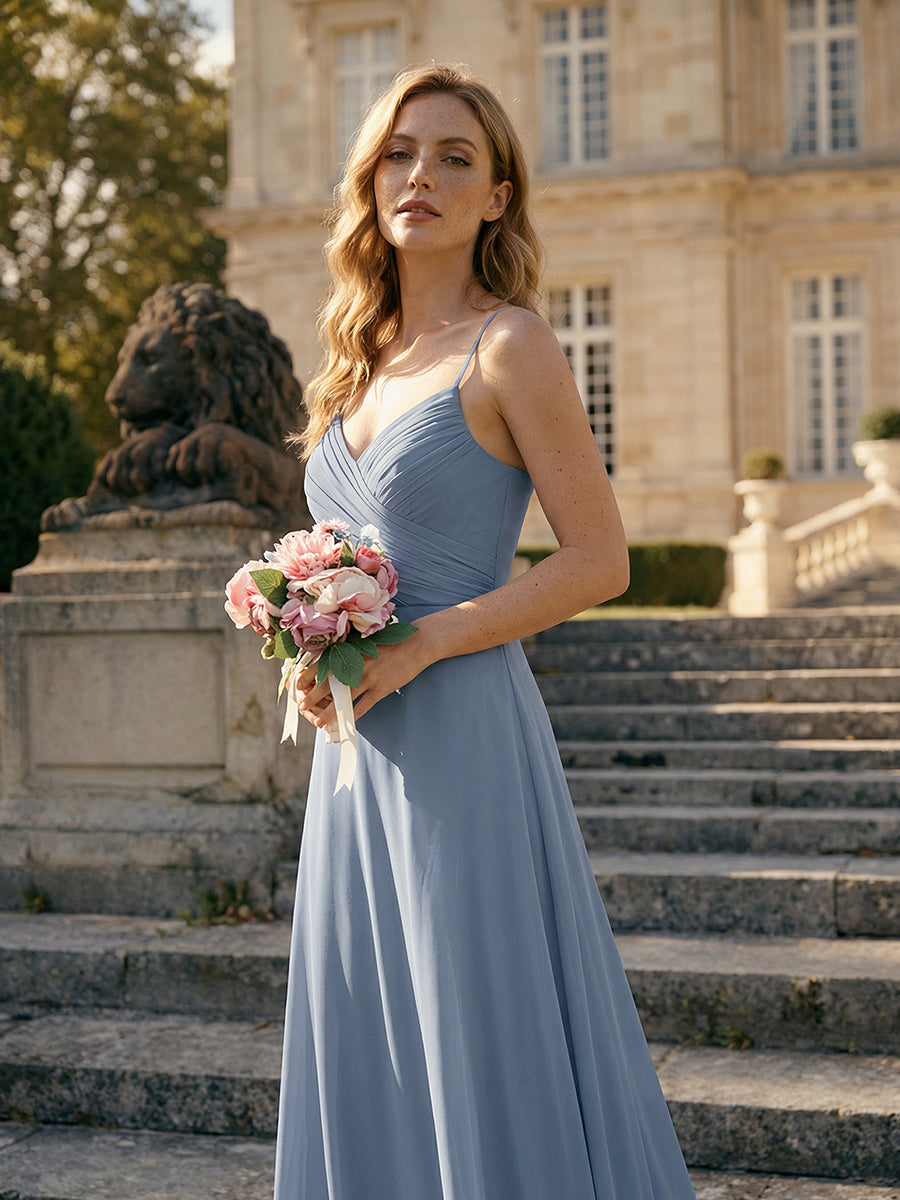 Brautjungfernkleid mit V-Ausschnitt schmalen Trägern und bodenlangem Rock #Farbe_SL