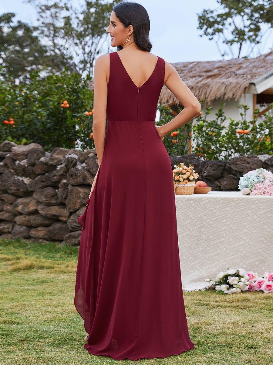 Robe d'invit¨¦ de mariage trap¨¨ze en mousseline fluide ¨¤ encolure ronde et longueur au genou #farbe_Burgundy