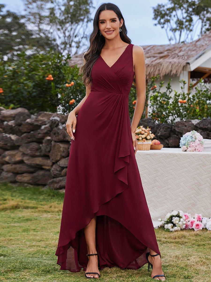 Robe d'invit¨¦ de mariage trap¨¨ze en mousseline fluide ¨¤ encolure ronde et longueur au genou #farbe_Burgundy