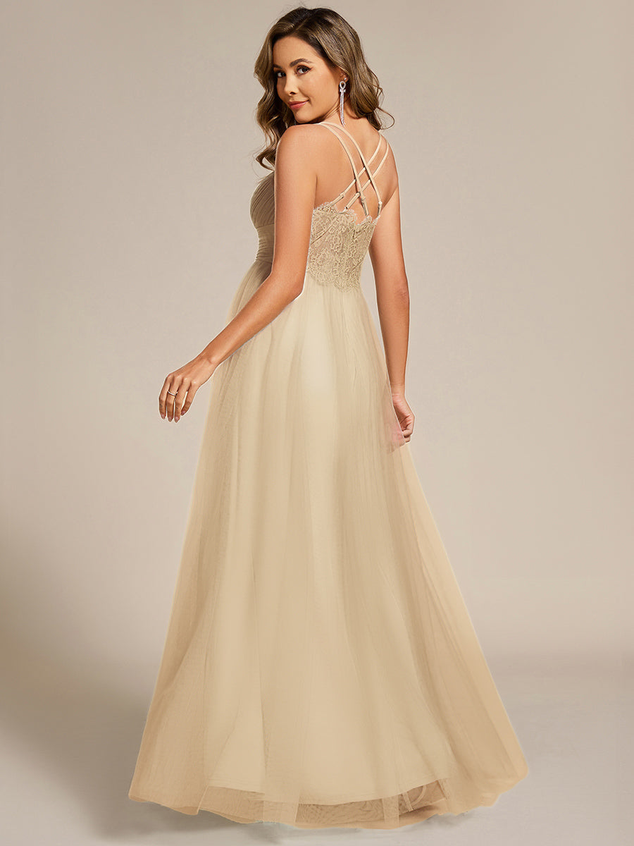 Bodenlanger V-Ausschnitt A-Linie Mesh Kleid Mit Tiefem V-Ausschnitt Und Wimpernspitzen #Farbe_Champagner