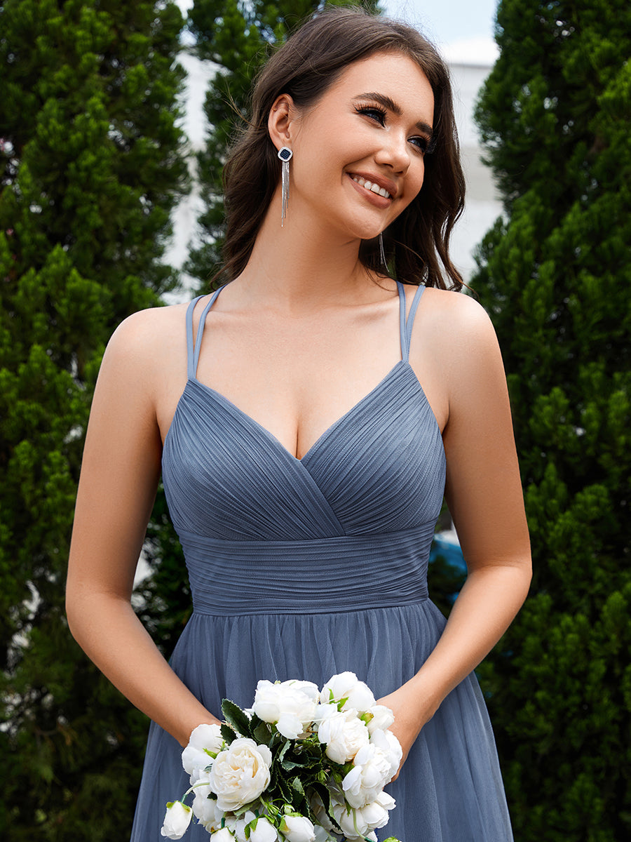 Bodenlanger V-Ausschnitt A-Linie Mesh Kleid Mit Tiefem V-Ausschnitt Und Wimpernspitzen #Farbe_Taubenblau