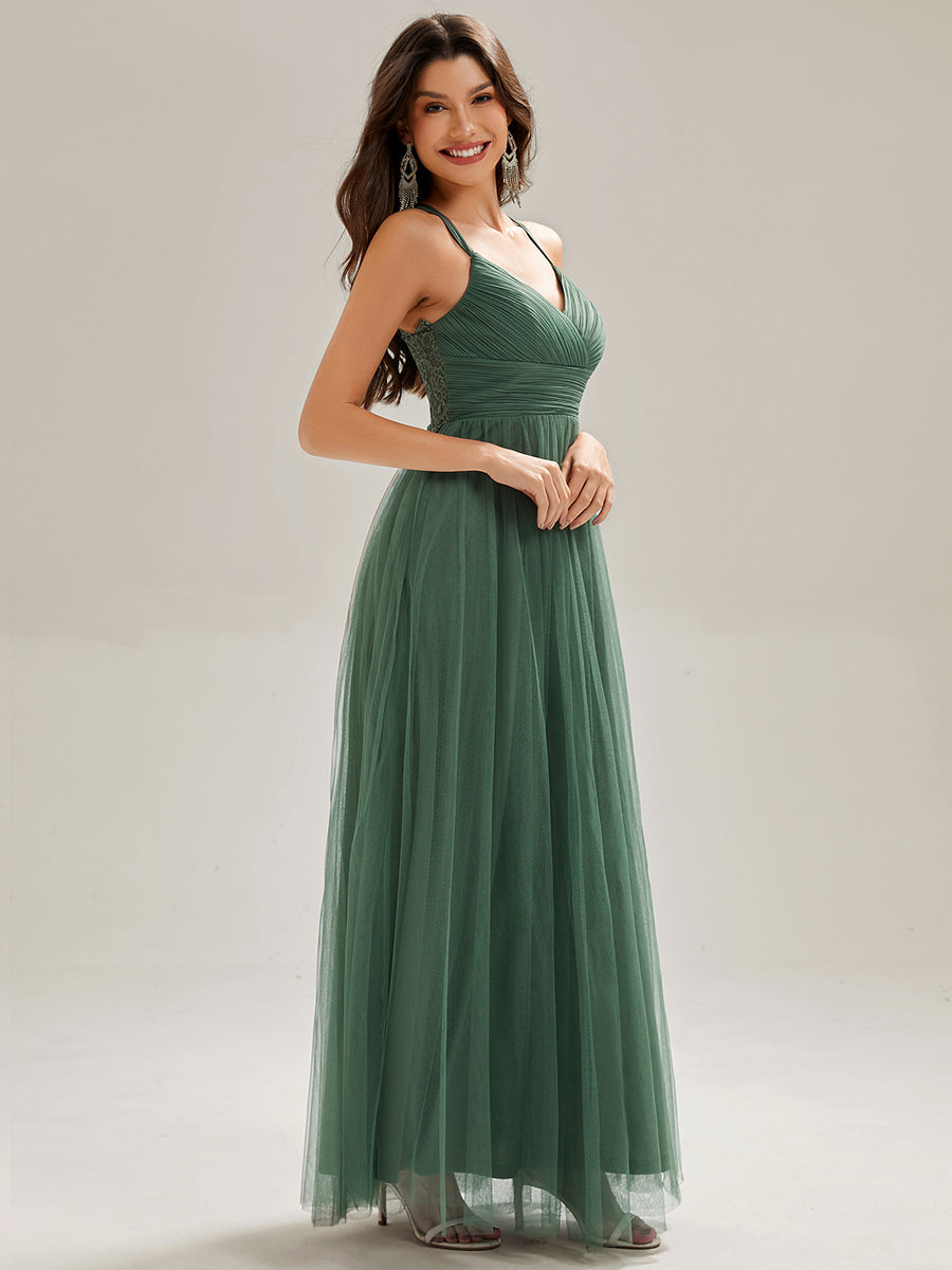 Bodenlanger V-Ausschnitt A-Linie Mesh Kleid Mit Tiefem V-Ausschnitt Und Wimpernspitzen #Farbe_Eukalyptus