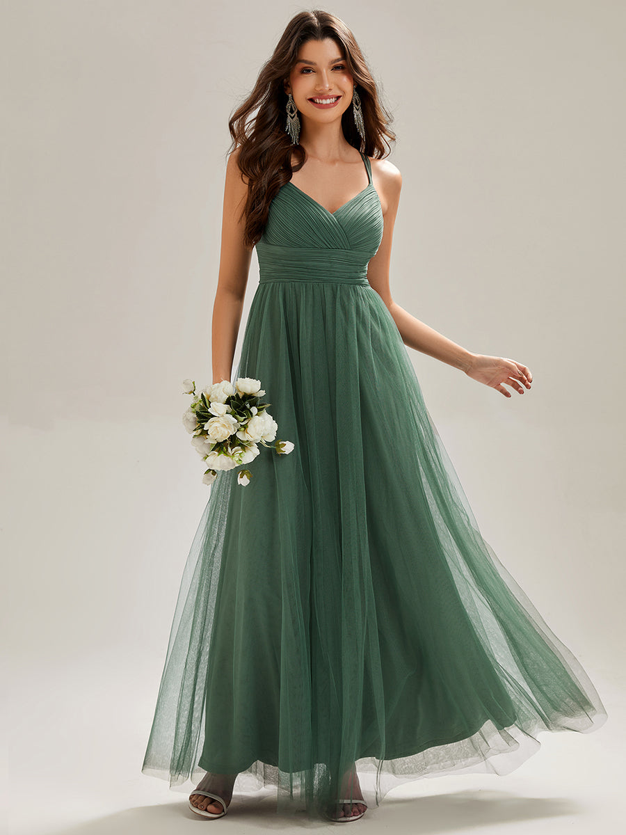 Bodenlanger V-Ausschnitt A-Linie Mesh Kleid Mit Tiefem V-Ausschnitt Und Wimpernspitzen #Farbe_Eukalyptus