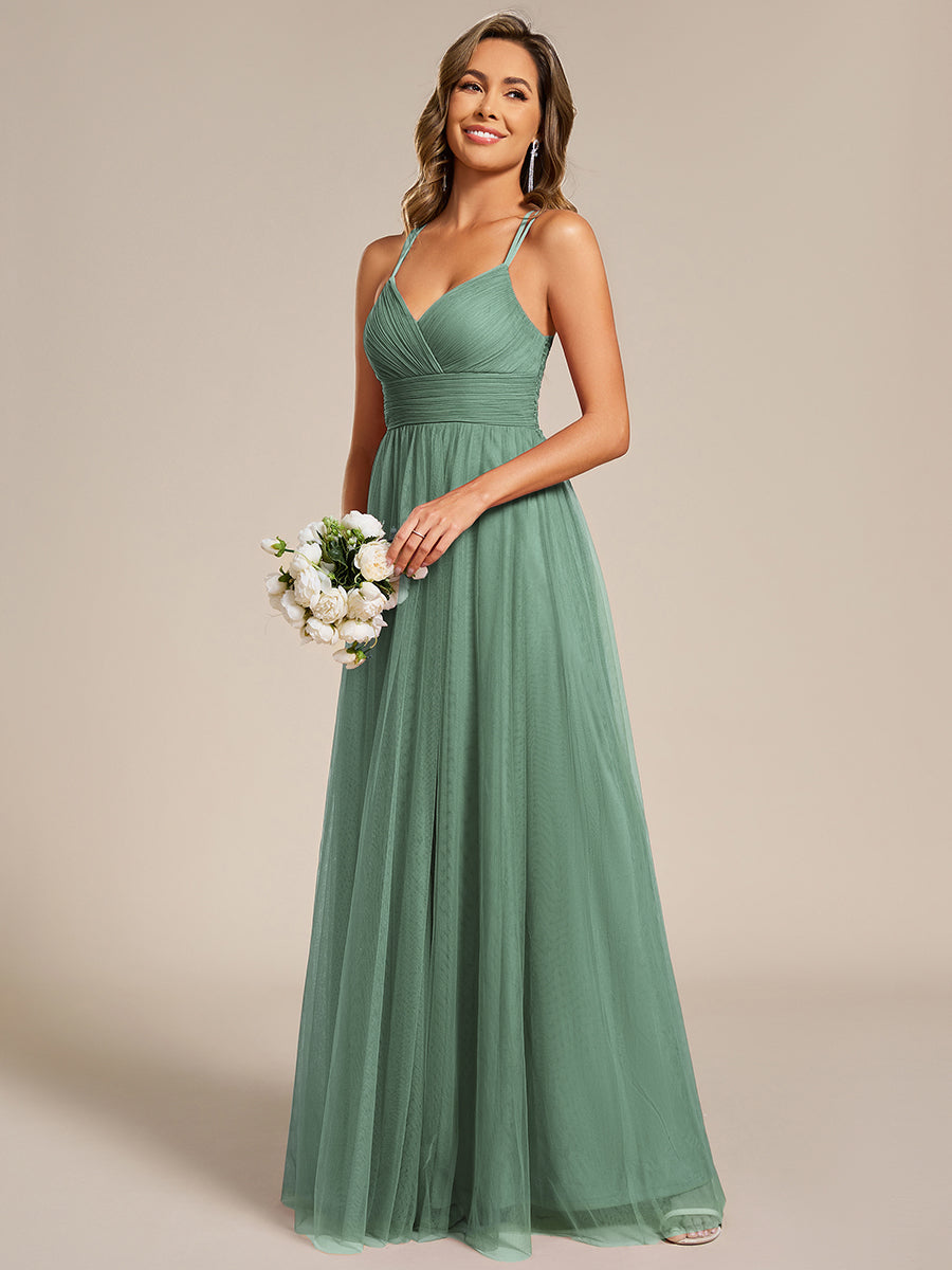 Bodenlanger V-Ausschnitt A-Linie Mesh Kleid Mit Tiefem V-Ausschnitt Und Wimpernspitzen #Farbe_Khakigrün