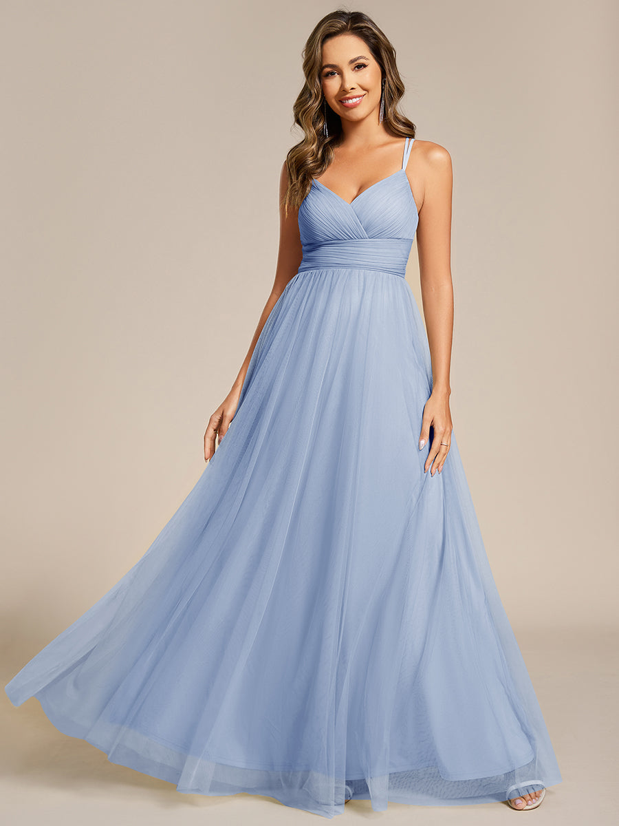 Bodenlanger V-Ausschnitt A-Linie Mesh Kleid Mit Tiefem V-Ausschnitt Und Wimpernspitzen #Farbe_Eisblau