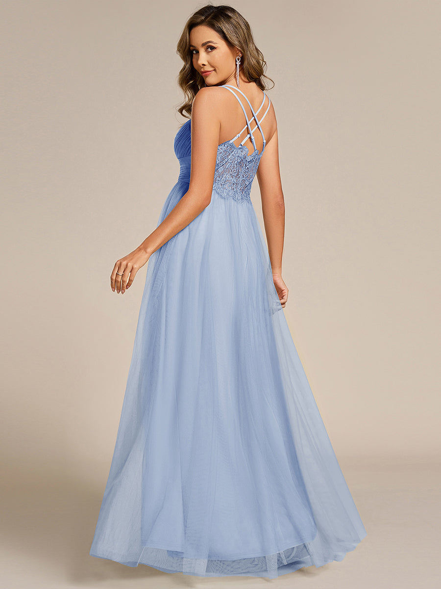 Bodenlanger V-Ausschnitt A-Linie Mesh Kleid Mit Tiefem V-Ausschnitt Und Wimpernspitzen #Farbe_Eisblau