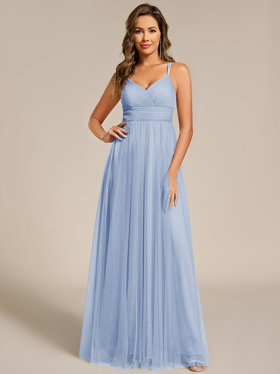 Bodenlanger V-Ausschnitt A-Linie Mesh Kleid Mit Tiefem V-Ausschnitt Und Wimpernspitzen #Farbe_Eisblau