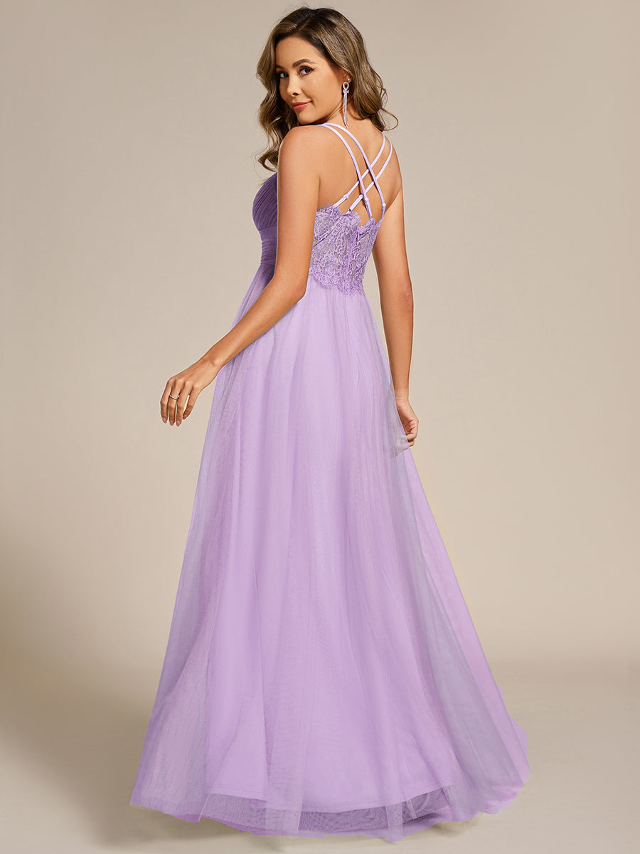 Bodenlanger V-Ausschnitt A-Linie Mesh Kleid Mit Tiefem V-Ausschnitt Und Wimpernspitzen #Farbe_Lavendel