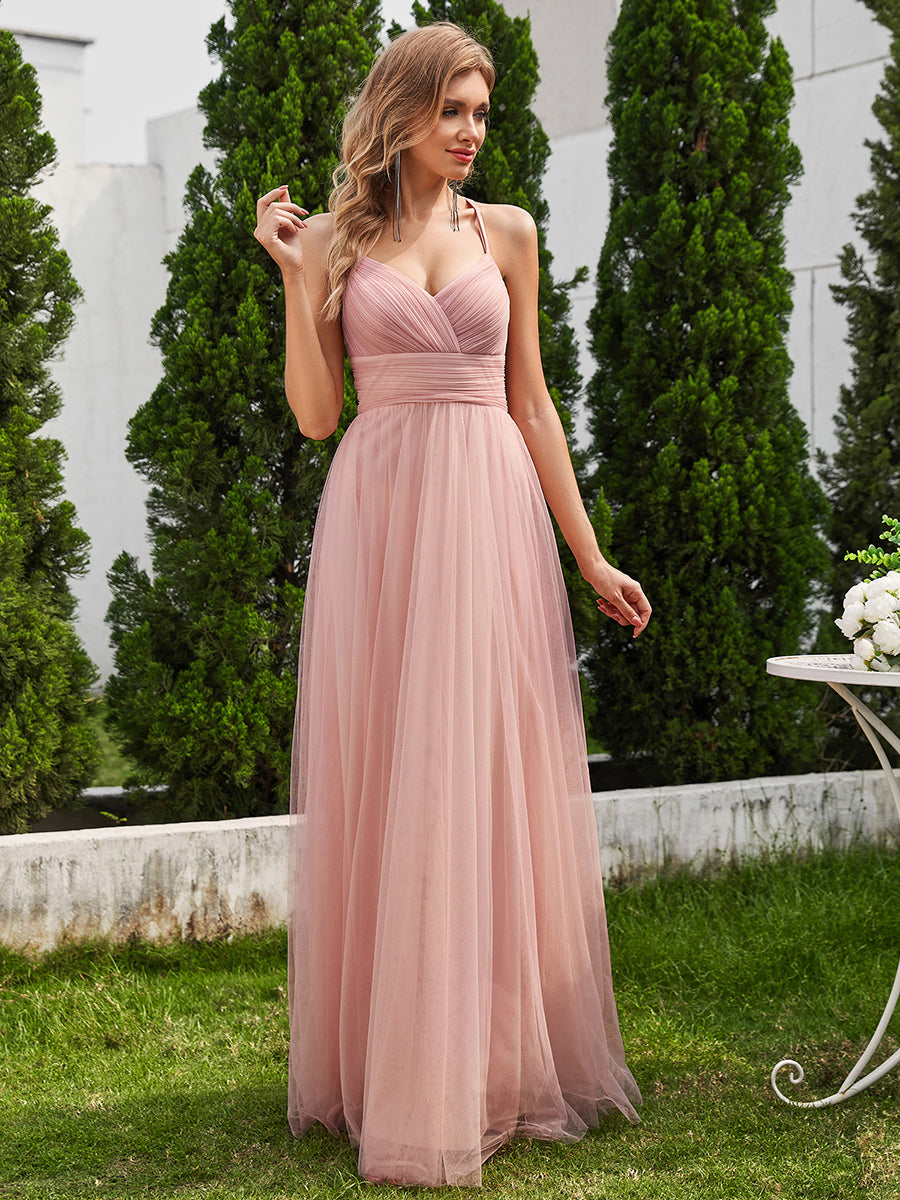 Bodenlanger V-Ausschnitt A-Linie Mesh Kleid Mit Tiefem V-Ausschnitt Und Wimpernspitzen #Farbe_Rosa