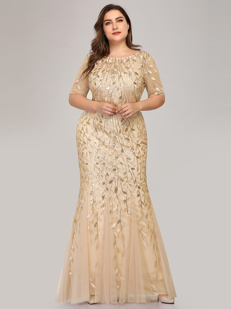 Bodenlanger Bodycon Kleid Mit Rundhalsausschnitt Pailletten Bestickte Patchwork Details #Farbe_Gold