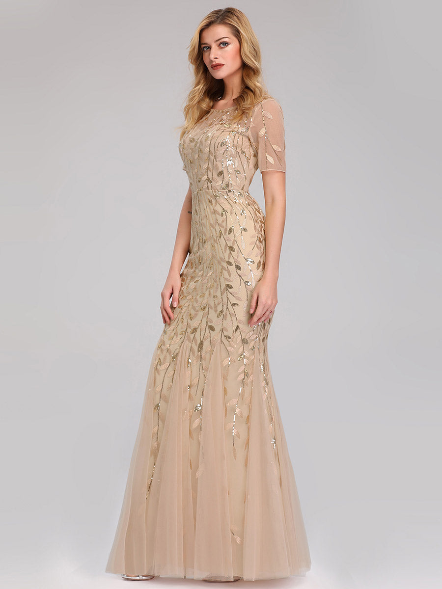 Bodenlanger Bodycon Kleid Mit Rundhalsausschnitt Pailletten Bestickte Patchwork Details #Farbe_Gold