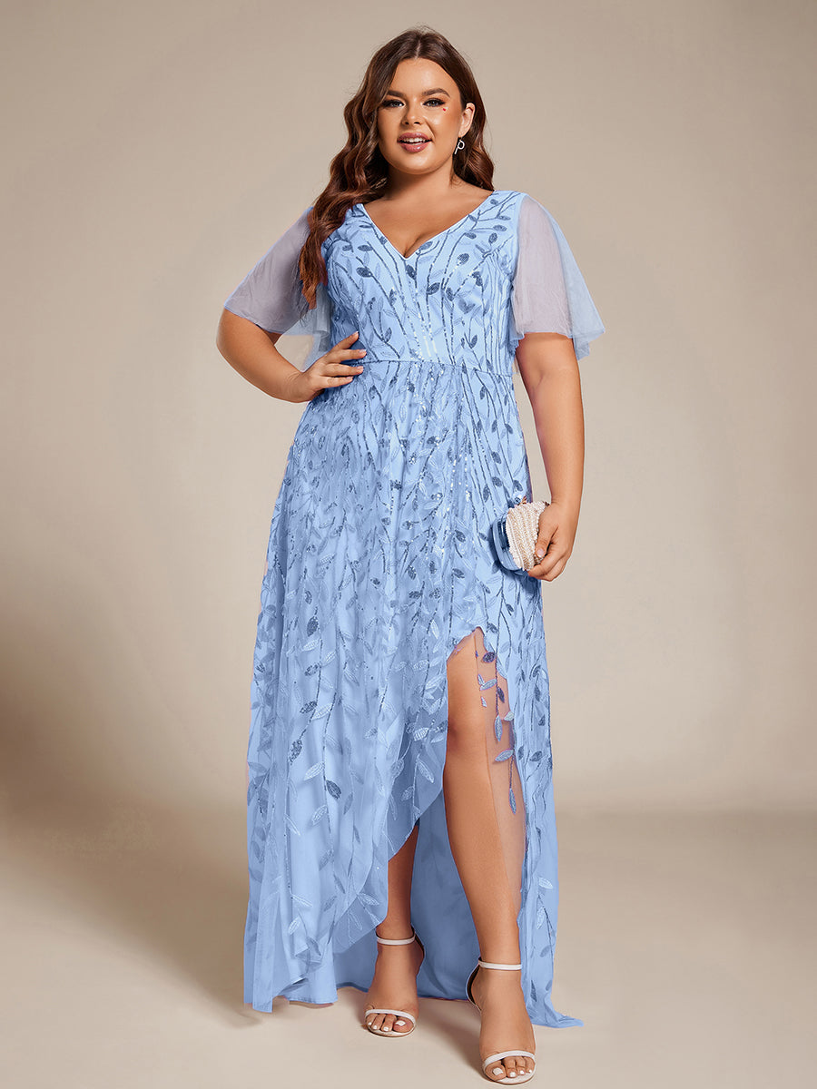 Maxilänge, V-Ausschnitt, asymmetrischer Saum, Pailletten-Kleid mit tiefem V-Ausschnitt und funkelnden Details #Farbe_Himmelblau