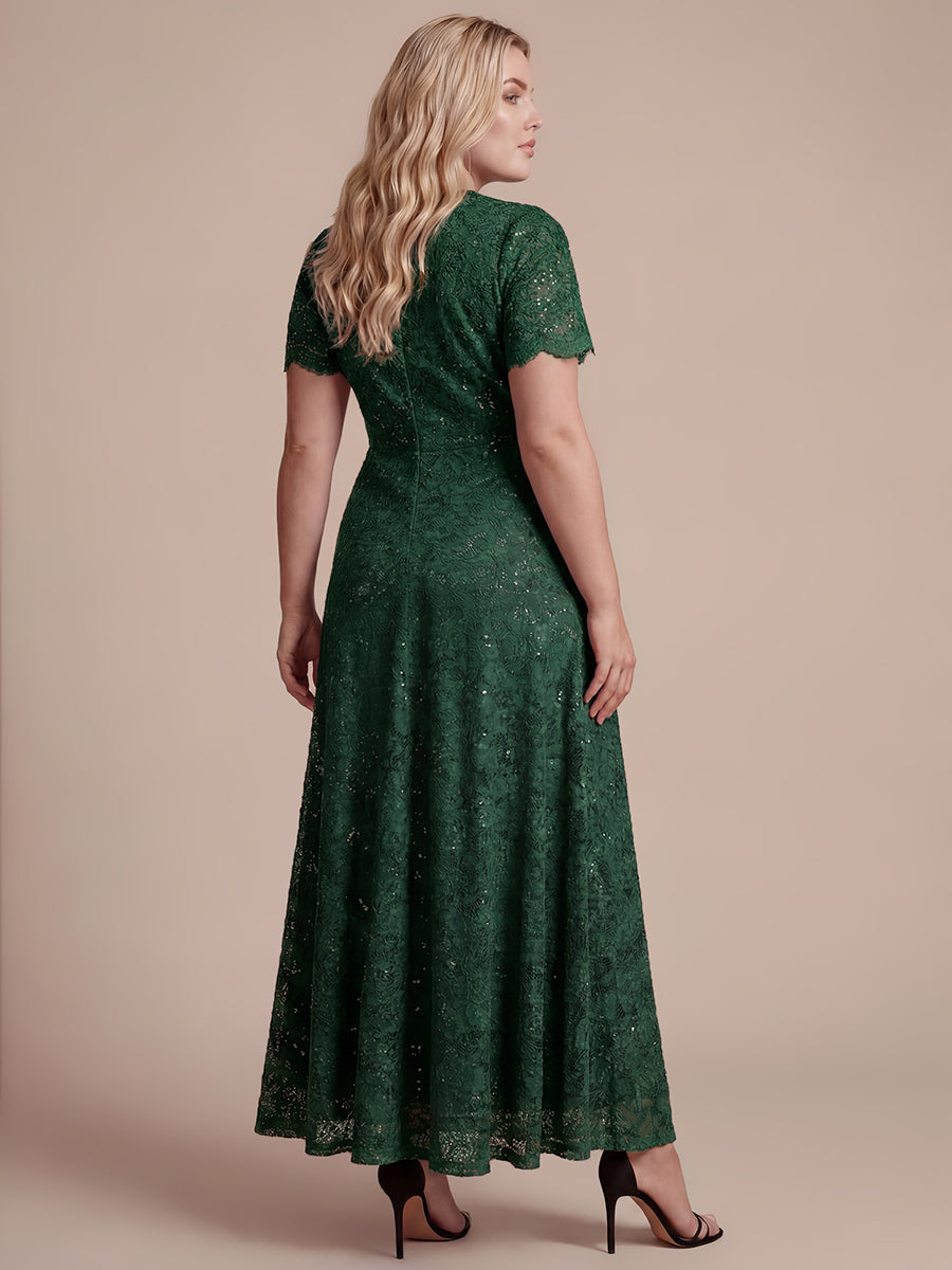 Kn?chellanges A-Linien-Kleid ¨¹berkreuzter Ausschnitt Spitze Pailletten Volants #Farbe_Dunkelgrün