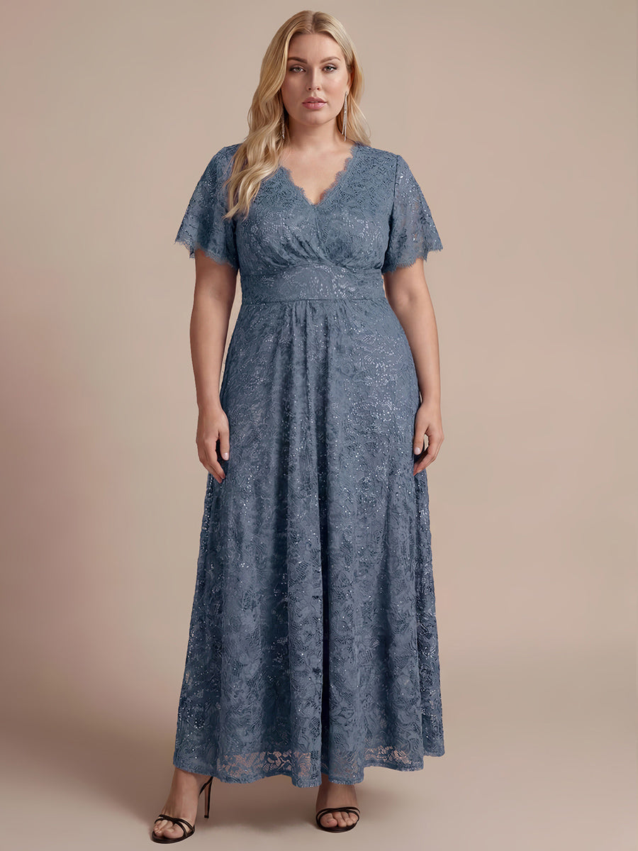 Kn?chellanges A-Linien-Kleid ¨¹berkreuzter Ausschnitt Spitze Pailletten Volants #Farbe_Taubenblau