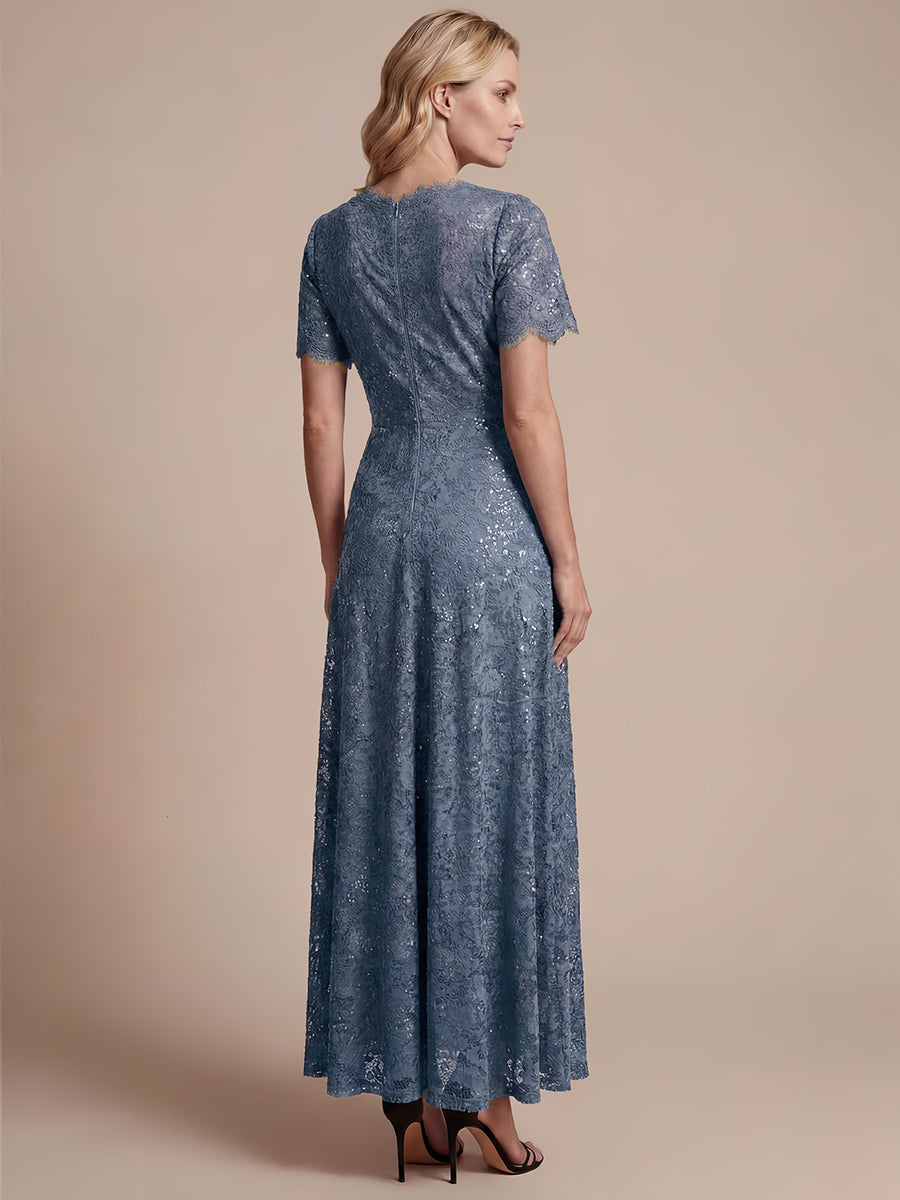 Kn?chellanges A-Linien-Kleid ¨¹berkreuzter Ausschnitt Spitze Pailletten Volants #Farbe_Taubenblau