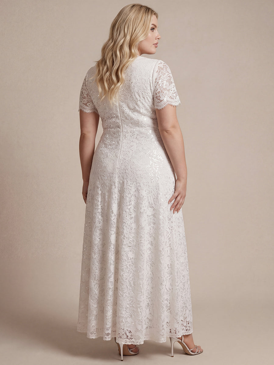 Kn?chellanges A-Linien-Kleid ¨¹berkreuzter Ausschnitt Spitze Pailletten Volants #Farbe_Weiß