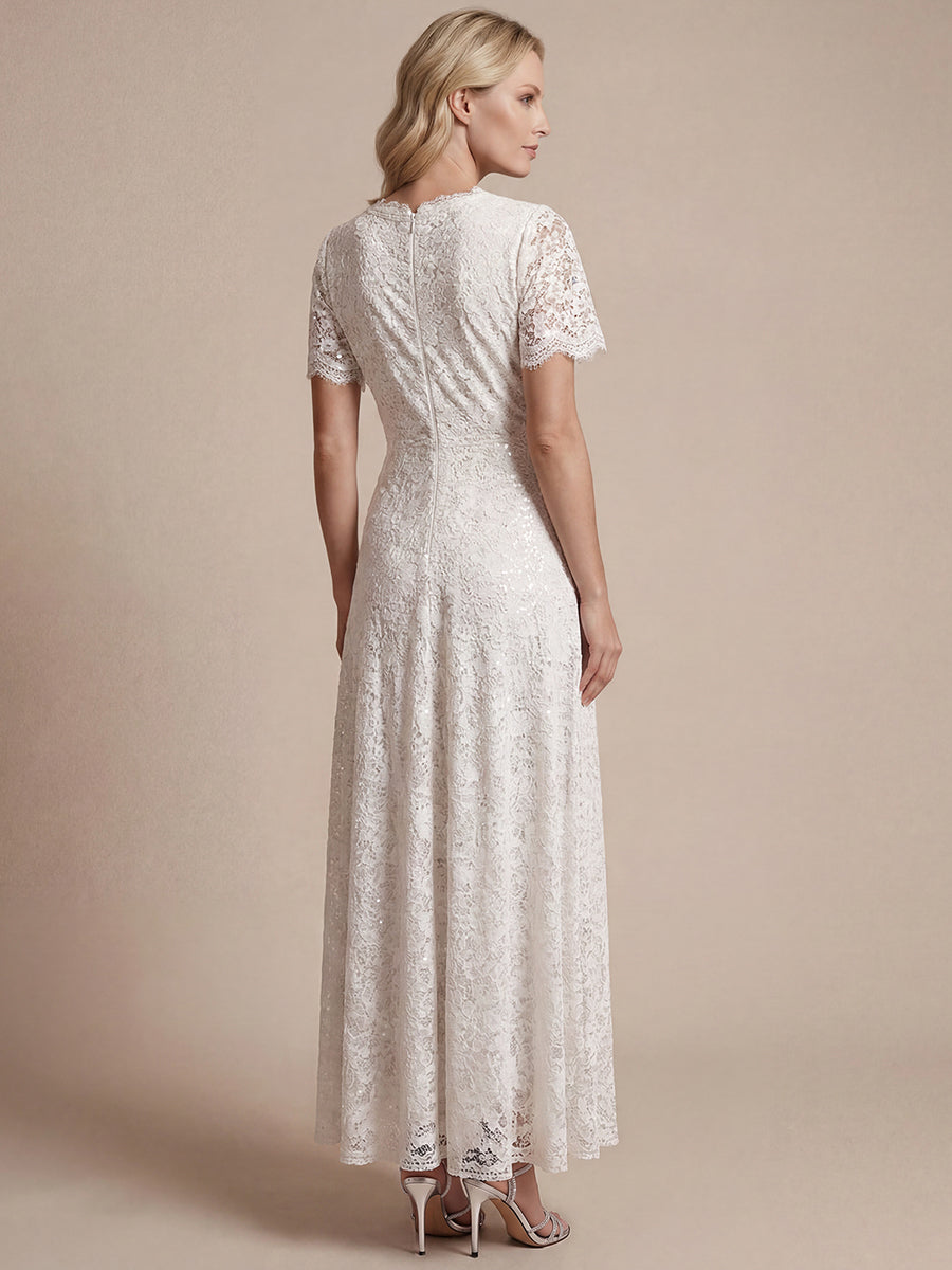 Kn?chellanges A-Linien-Kleid ¨¹berkreuzter Ausschnitt Spitze Pailletten Volants #Farbe_Weiß