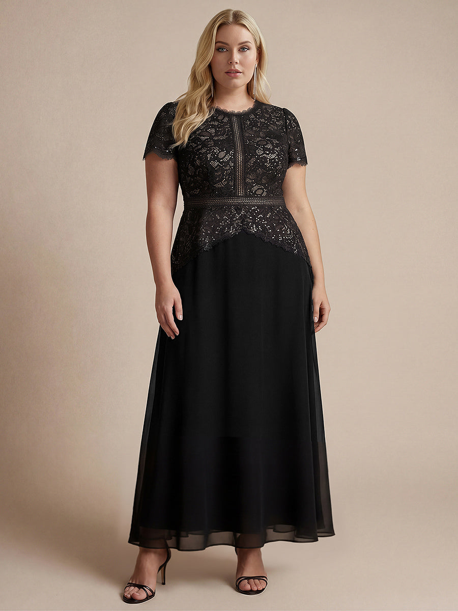 Kn?chellanges A-Linien Kleid Runder Ausschnitt Spitze Pailletten #Farbe_Schwarz