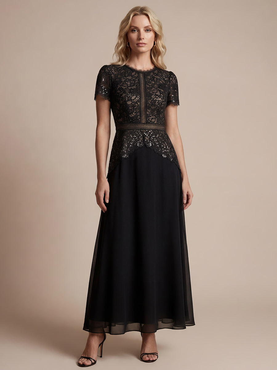 Kn?chellanges A-Linien Kleid Runder Ausschnitt Spitze Pailletten #Farbe_Schwarz
