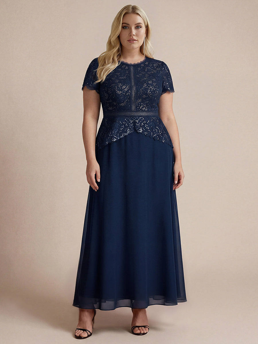 Kn?chellanges A-Linien Kleid Runder Ausschnitt Spitze Pailletten #Farbe_Marineblau