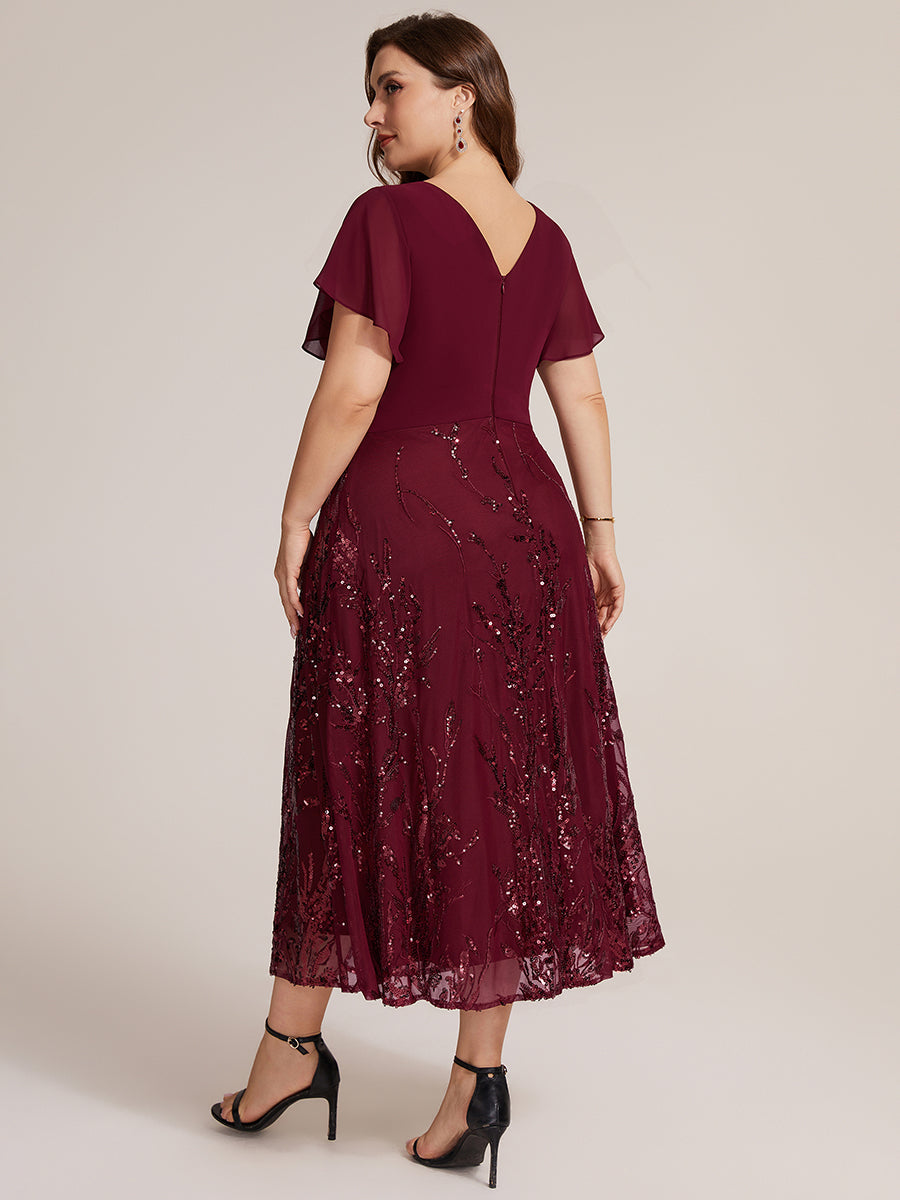 Tea Länge V Ausschnitt A Linien Kleid Aus Chiffon Mit 3D Drapierung Und Pailletten #Farbe_Burgunderrot