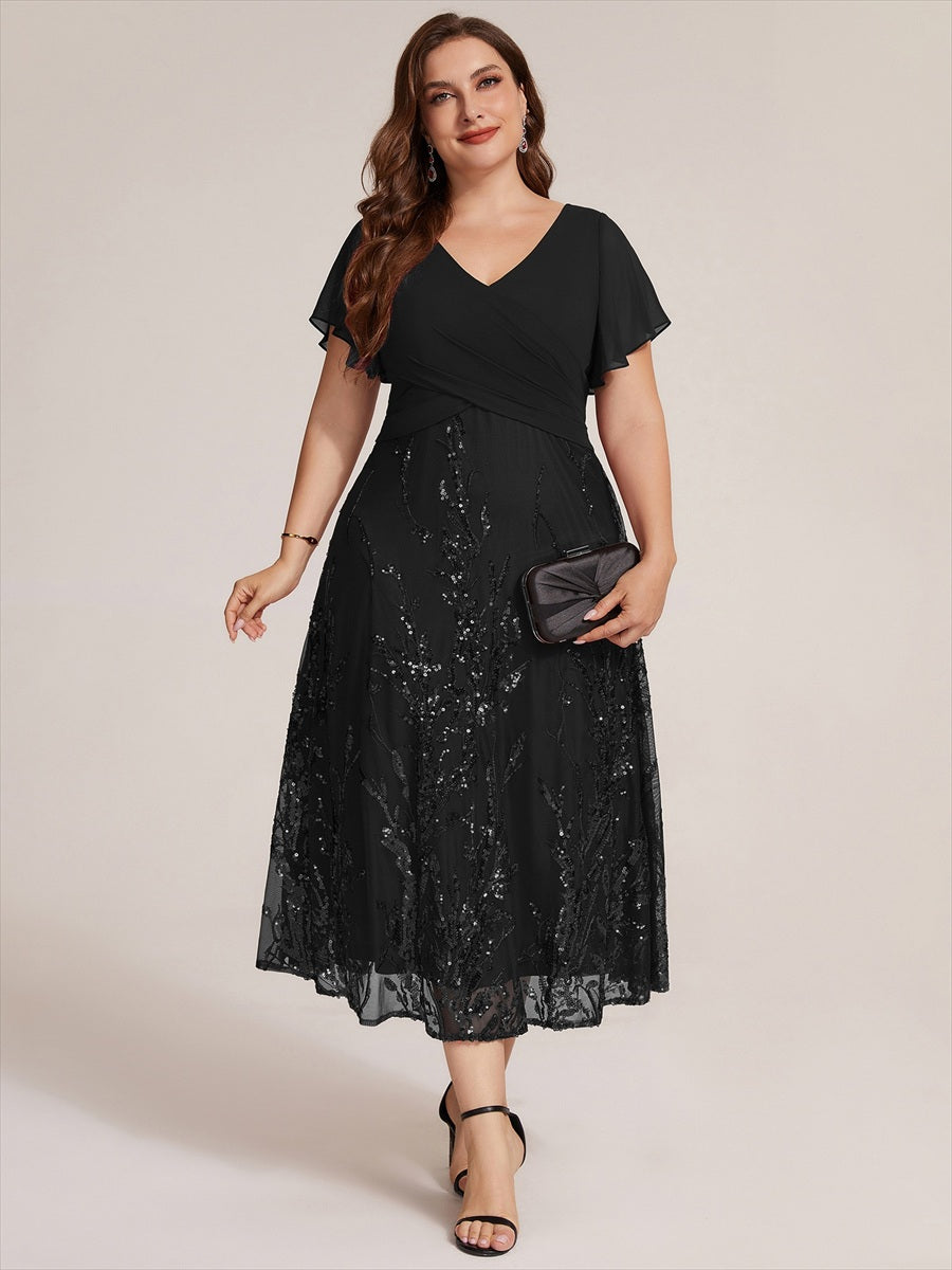 Tea Länge V Ausschnitt A Linien Kleid Aus Chiffon Mit 3D Drapierung Und Pailletten #Farbe_Schwarz