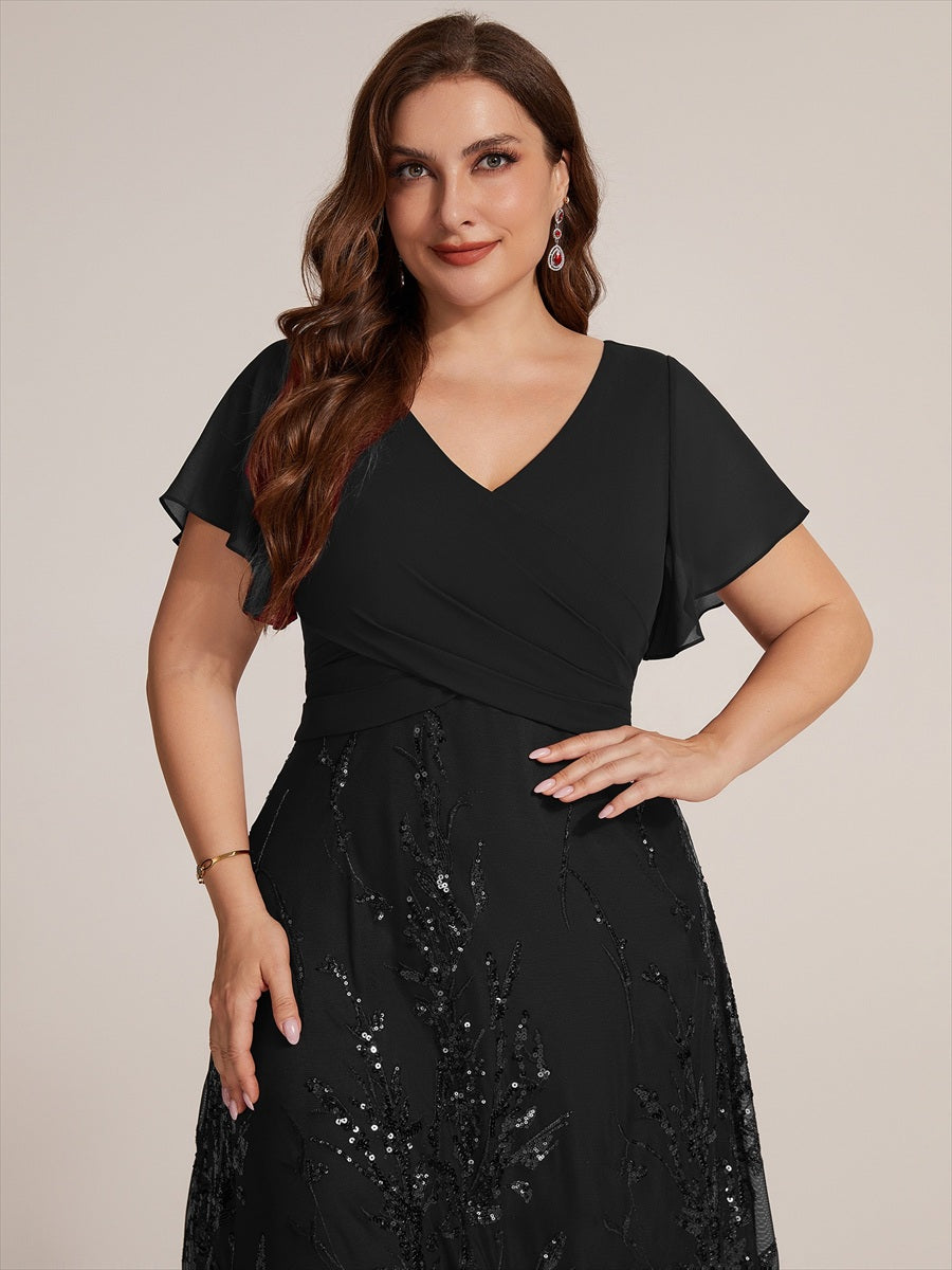 Tea Länge V Ausschnitt A Linien Kleid Aus Chiffon Mit 3D Drapierung Und Pailletten #Farbe_Schwarz