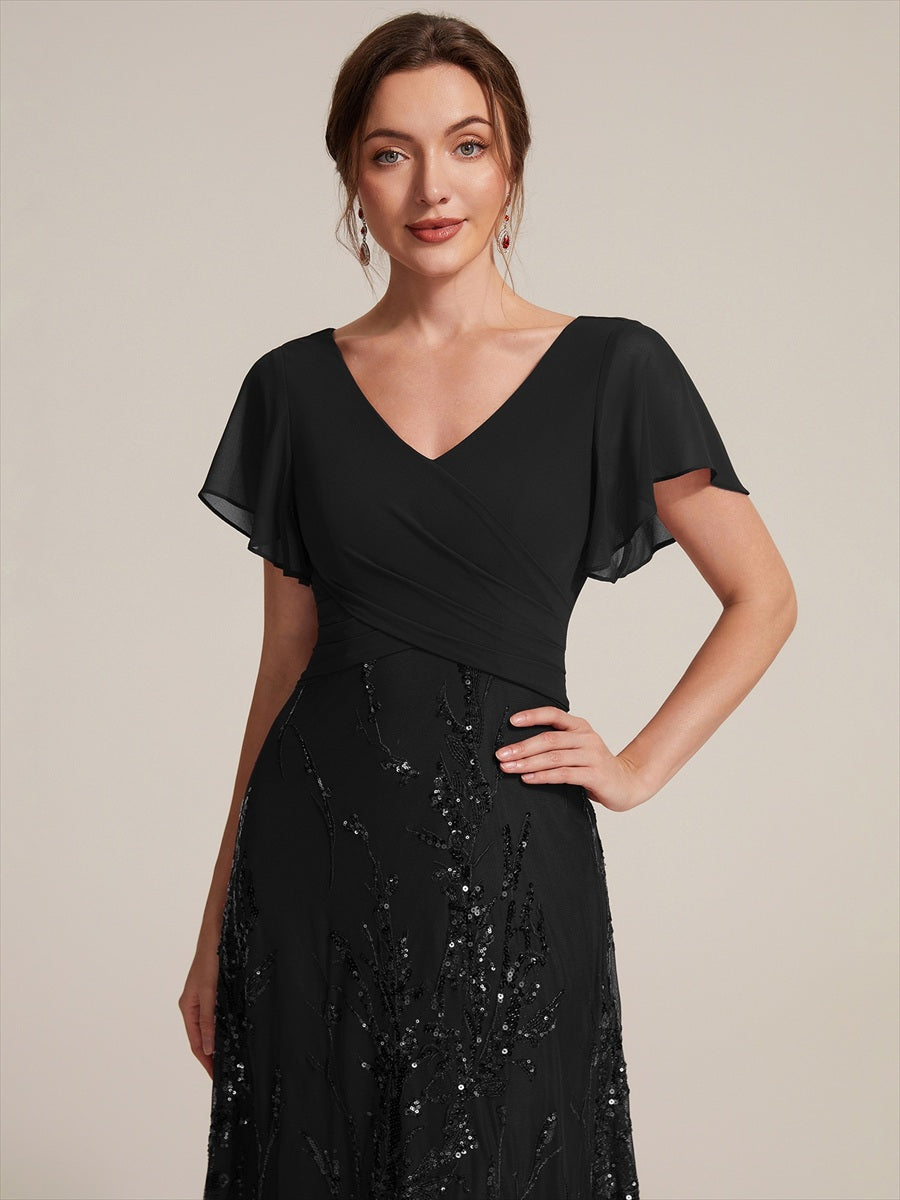 Tea Länge V Ausschnitt A Linien Kleid Aus Chiffon Mit 3D Drapierung Und Pailletten #Farbe_Schwarz